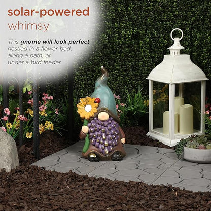 Alpine Corporation MCC852SLR Solar Gnome Holding Flower with Turquoise Hat Statue, Stylish Décor for Garden, Patio, & Lawn, 18" H, Multicolor