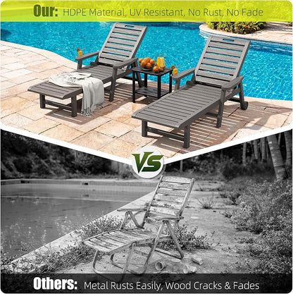 Patio Lounge Chairs Set of 2, Outdoor Chaise Lounge with Cup Holder | 5-Position Reclining, Easy-Glide Lockable Wheels, Built-In Cup Holder with Armrests, Patio Garden, Beach Pool-Side, Rust-Free