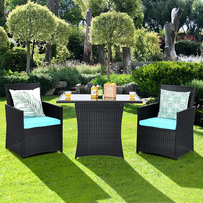 HAPPYGRILL 3PCS Outdoor Wicker Bistro Set PE Rattan Dining Table Set with Cushioned Chairs, Patio Conversation Set for Backyard Porch Garden and Poolside