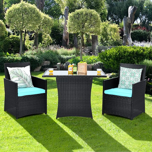 HAPPYGRILL 3PCS Outdoor Wicker Bistro Set PE Rattan Dining Table Set with Cushioned Chairs, Patio Conversation Set for Backyard Porch Garden and Poolside