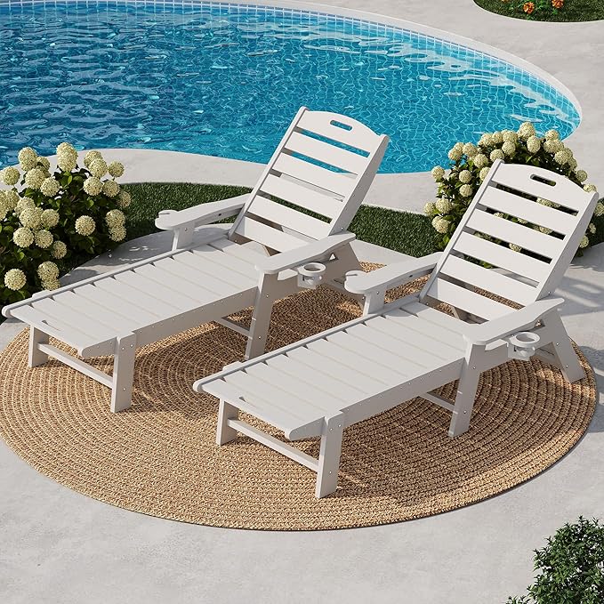 PeakPursuit Patio HDPE Chaise Lounge, Oversize 5-Position Lounge Chair with Cup Holder, Resin Pool Lounger Chair for Outside