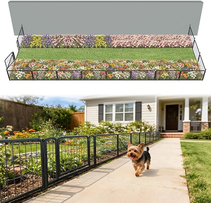 FXW Garden Fence Outdoor for the Yard – 17in(H) x 34.2ft(L) Heavy Duty Metal Animal Barrier for Dog, No Dig Decorative Dog Fence, 14 Panels, Black