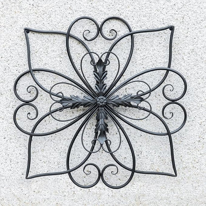 Glitzhome Black Metal Wall Art Decor, 20 Inch Iron Wall Decor with Heart and Petal Scroll Design, Indoor Outdoor Wall Accent for Garden Porch Patio