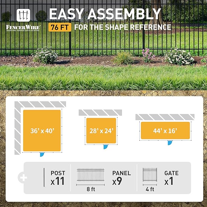 Fencer Wire 76FT Heavy Duty Pinnacle Fence Barrier Kit, Anti-Rust Metal Steel Fence with 5FT Height X 8FT Width Panels, Gate, Posts, Connectors, 2” Diameter Outdoor Fencing for Yard, Pool, Patio