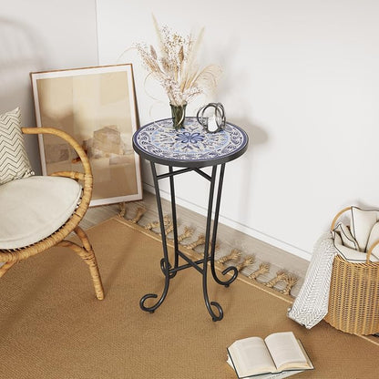 Merax Patio Side Table for Small Space, 23" Height Metal Outdoor Indoor Round Side Table, French Country Style, Small End Table for Patio Yard Porch Balcony Garden Bedside Plant Stand, Brown+Black