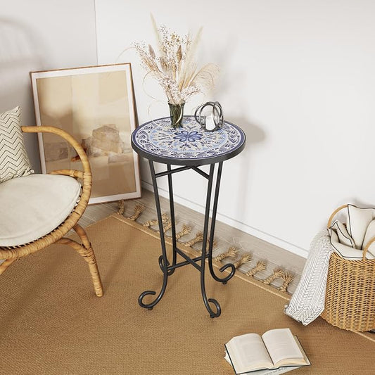 Merax Patio Side Table for Small Space, 23" Height Metal Outdoor Indoor Round Side Table, French Country Style, Small End Table for Patio Yard Porch Balcony Garden Bedside Plant Stand, Brown+Black