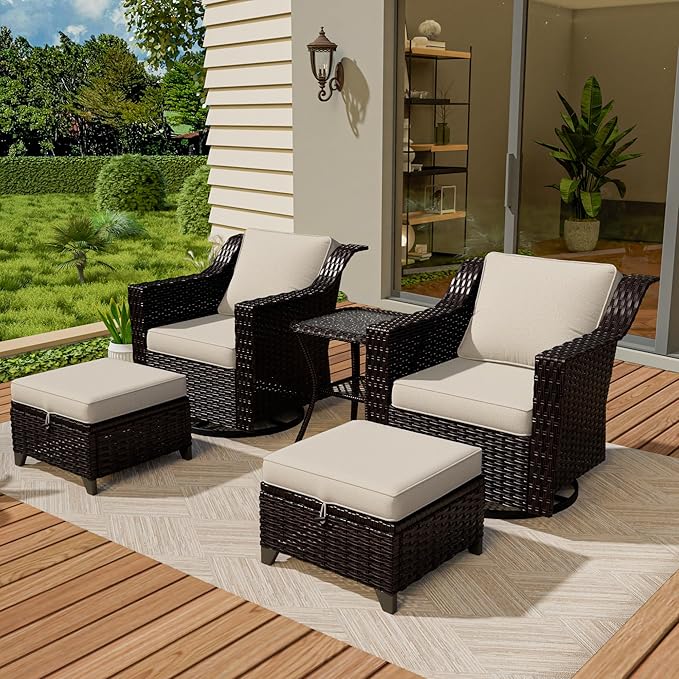 Vista Vibe 5 Pieces Outdoor Rattan Patio Conversation Furniture Set - 360 Degree Swivel Glider Rocker Chairs | Coffee Table | 2 Wicker Ottomans, Premium & Washable Cushions, Terrace (Brown/Beige)