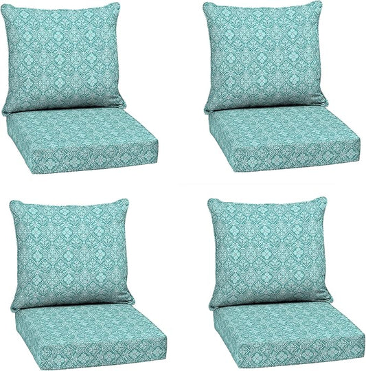 Arden Outdoor Deep Seat Cushion Set (4-Pack), 24 in x 24 in, Weather-Proof, Rain-Proof, Fade Resistant Patio Cushion for Chair, Sofa, and Couch Turquoise Daphne Medallion