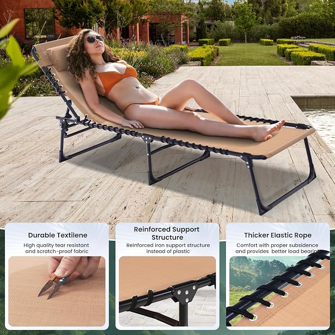 2 Pack Outdoor Folding Chaise Lounge 5-Position Adjustable Recliner 400LB Heavy Duty Portable Patio Camping Beach Chair, Beige