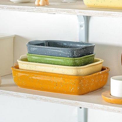Ceramic Bakeware Dish Set of 3, Rectangular Baking Casserole for Oven,High Heat Resistant,Lasagna Pan Deep with Handles,Handcraft Speckle Series (13.8''/12''/9.6''Grey)