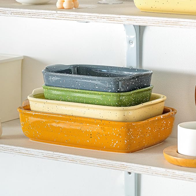 Casserole Dish Set of 3,Lasagna Pan,Ceramic Bakeware for Oven,Rectangular Baking Dishes with Handles,High Heat Resistant,Colorful Speckle Stoneware Series (13.8''/12''/9.6''Yellow)