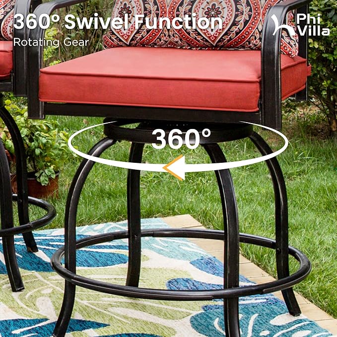 PHI VILLA 7 Piece Outdoor Bar Set, Counter Height Patio Bar Furniture with Swivel Bar Stools with Red Cushions & Large Metal Bar Dining Table for Garden, Yard and Deck