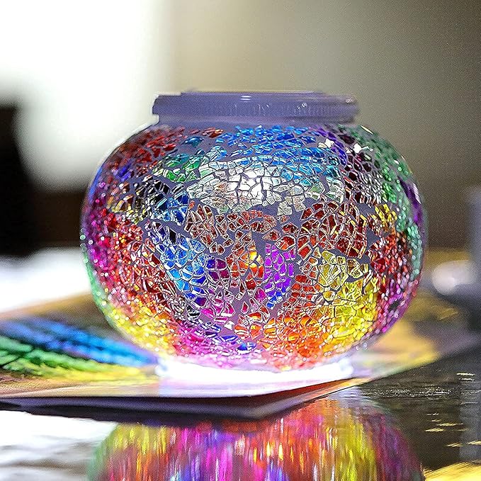 Waterproof Color Changing Table Lamp, Solar Powered Mosaic Glass Ball LED Garden Lawn Night Light Lamps, Party Lights for Home,Yard, Indoor,Outdoor Decoration Lights (Tricolor Plating)