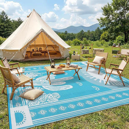 Garvee Waterproof Outdoor Rug 5x8, Cactus Botanical Outdoor Plastic Straw Rug for Camping, Reversible RV Mat Outside, Indoor Outdoor Carpet for Porch, Deck, Backyard, Balcony, Teal Blue