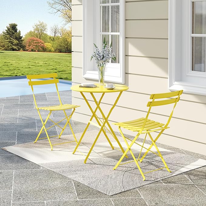 Patio Bistro Set, 3-Piece Outdoor Folding Table and Chairs, Premium Steel Frame Weather Resistant Conversation Sets of 2, Space Saving Patio Furniture for Backyard Balcony Porch Garden