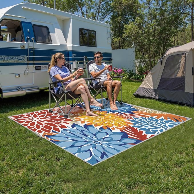 Colorful 9x12 Outdoor Area Rug Washable Multicolored Patio Rug Tropical Botanical Floral Chenille Waterproof Outdoor Carpet Non-Slip for Deck, Backyard, Porch, Vivid Dahlia