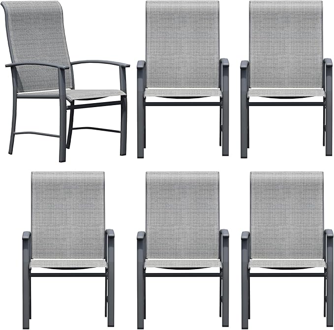 Patio Dining Chairs Set of 6, Outdoor Dining Chairs with High Back, Metal Outdoor Chair Set with Comfort and Durability, Patio Chair for Deck Lawn Kitchen Garden Backyard, Grey