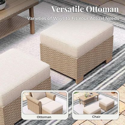 Patio Furniture Set 5 pcs, Wicker Outdoor Patio Furniture, 3-Seat Sofa, 2 Single Chairs and 2 Ottomans, Rattan Patio Conversation Set for Backyard Deck, Beige