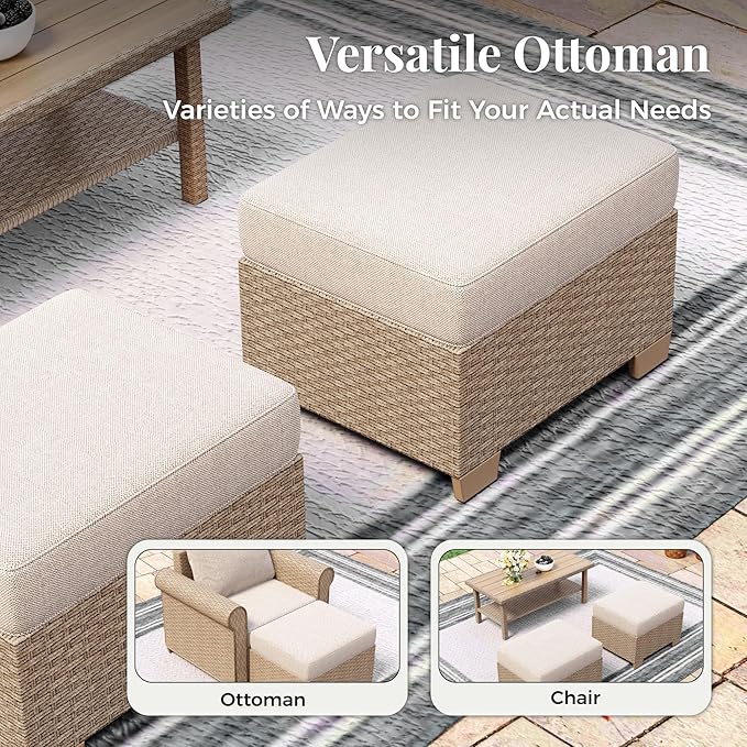 Patio Furniture Set 8 pcs, Wicker Outdoor Patio Furniture, 3-Seat Sofa, 4 Single Chairs, 2 Ottomans and 56" Gas Fire Pit Table, Rattan Patio Conversation Set for Backyard Deck, Beige