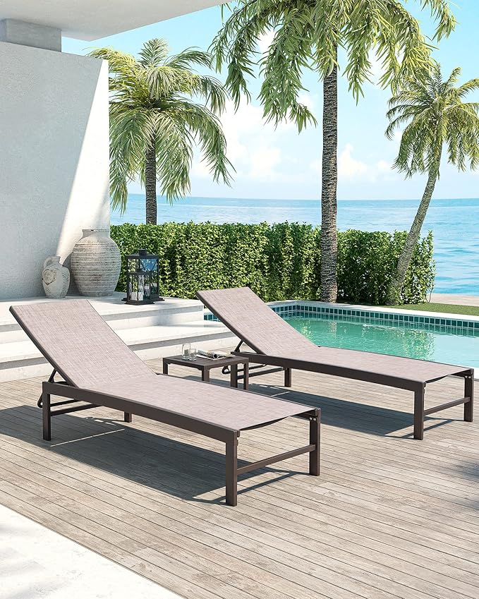Crestlive Products 2PCS Chaise Lounge Chairs Outdoor with 1PC Side Table, Aluminum Patio Lounge Set, Adjustable Five-Position Recliner for Beach, Pool, Sunbathing, Lawn, Yard