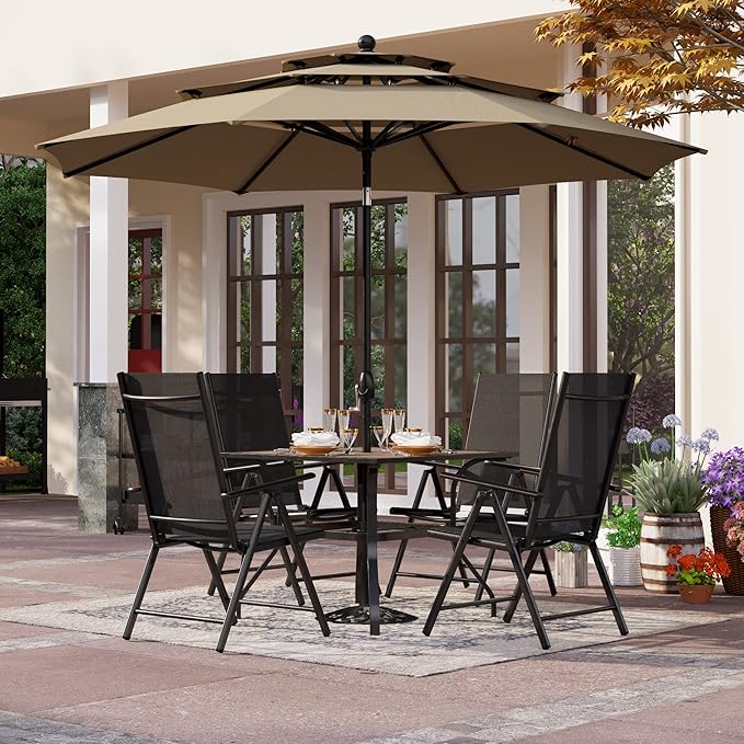 PHI VILLA Patio Folding Chairs Set of 4, Portable Outdoor Dining Chairs with Adjustable Backrest for Outside, Garden, Lawn & Yard, No Assembly, Black