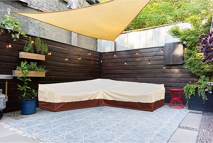 Outdoor Sectional Cover Patio Furniture Sofa Covers Waterproof Rip-Stop Anti-UV 600D Heavy Duty Outdoor Couch Cover with 3 Air Vents (V-Shaped-105''X105'')