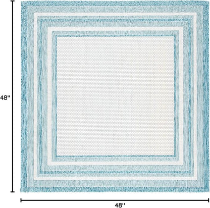 SAFAVIEH Washable Rug Outdoor Courtyard Collection - 4' Square, Ivory & Aqua Blue, Non-Shedding & Easy Cleaning, Ideal for Patio, Backyard, Mudroom (CY8475-53612)