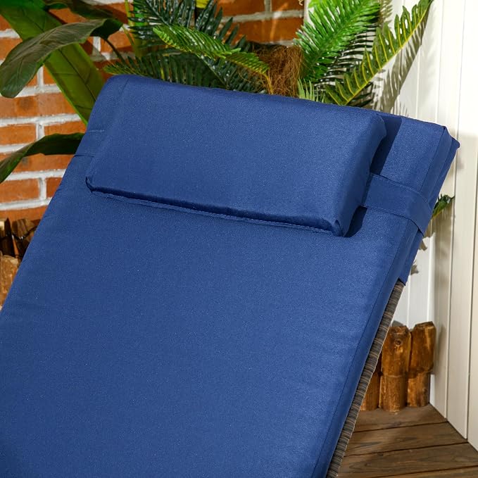 Outsunny Wicker Outdoor Chaise Lounge, 5-Level Adjustable Backrest PE Rattan Pool Lounge Chair with Wheels, Cushion & Headrest, Brown and Dark Blue