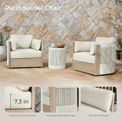 CHITA Boho Patio Rattan 360° Swivel Chair, Outdoor Wicker Furniture with 7.9″ Thickened Cushions and 2 Arm Pillows, Acacia Wood Frame, Fully Assembled(Cream)