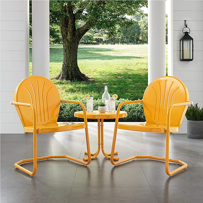 Crosley Furniture Griffith 3-Piece Outdoor Chair and Side Table Set, Retro Metal Bistro Patio Sets for Porch, Tangerine