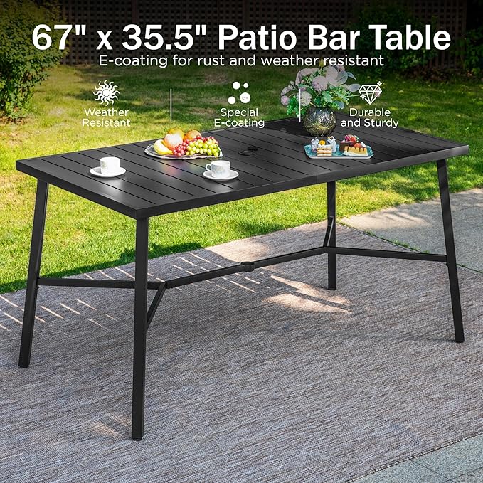 PHI VILLA 7 Piece Outdoor Bar Set, Counter Height Patio Bar Furniture with Swivel Bar Stools with Red Cushions & Large Metal Bar Dining Table for Garden, Yard and Deck