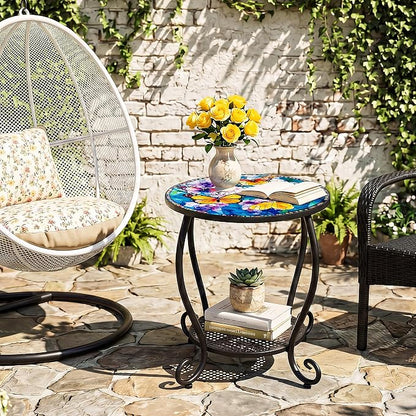 Outdoor Side Table, Small Patio Table Round Metal Outside Coffee End Table for Balcony Bistro Porch Yard Garden Patio Living Room（Butterfly