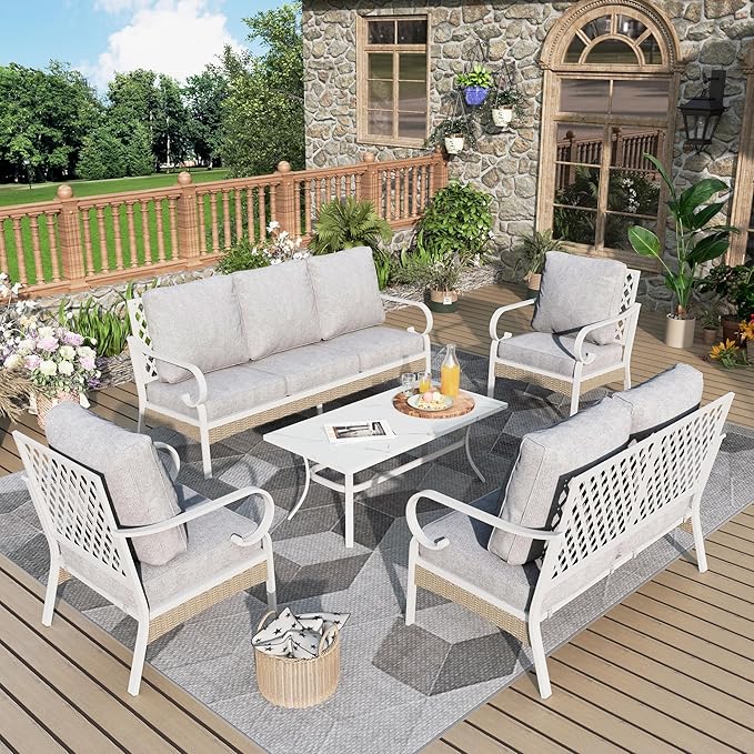 5 Piece Patio Furniture Set, 2 x Fixed Chair, 1 x 2-Seat Sofa, 1 x 3-Seat Sofa with Marbling Coffee Table, 7 Seats Outdoor Conversation Set for Lawn Garden Backyard, Light Gray