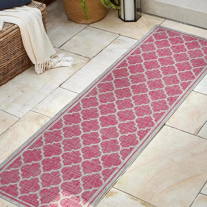 JONATHAN Y Moroccan Trellis Indoor Outdoor Runner Rug 2X8 Fuchsia/Light Gray, Trebol Textured Weave for Backyard, Patio, Porch, Easy-Cleaning, High Traffic, Pet-Friendly, Non-Shedding (SMB109H-28)