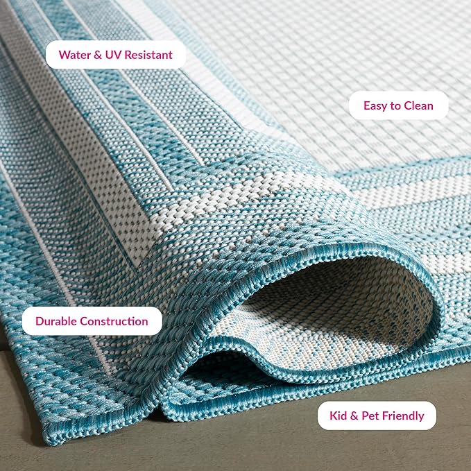 SAFAVIEH Washable Rug Outdoor Courtyard Collection - 5'3" Square, Ivory & Aqua Blue, Non-Shedding & Easy Cleaning, Ideal for Patio, Backyard, Mudroom (CY8475-53612)