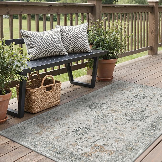 GENIMO Outdoor & Indoor Area Rug 2'x 3', Waterproof, Non-Shedding, Easy Cleaning, Boho Mat for Patio, Living Room, Balcony, Dining Room, RV, Deck, Bedroom, Camping, Outside Carpet,Light Grey Brown