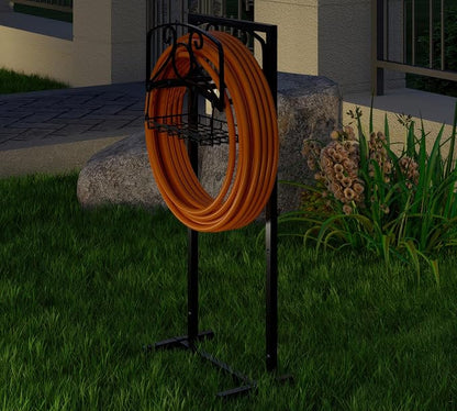 Fire Beauty Heavy-Duty Portable Garden Hose Holder with Storage Basket,80+ lbs Capacity,Holds 180ft Hose,Dual Support Rods & Rustproof Screws