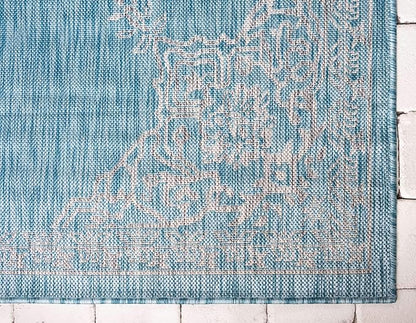 Unique Loom Outdoor Traditional Collection Area Rug - Antique (9' x 12' Rectangle, Light Aqua/ Gray)
