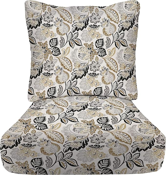 RSH DECOR Deep Seating Cushion with Pillow Back | 24” x 26” Seat | Water and Fade-Resistant Spun Fabric | Outdoor Chair Cushion Set for Patio Furniture | Dailey Pewter Black Floral