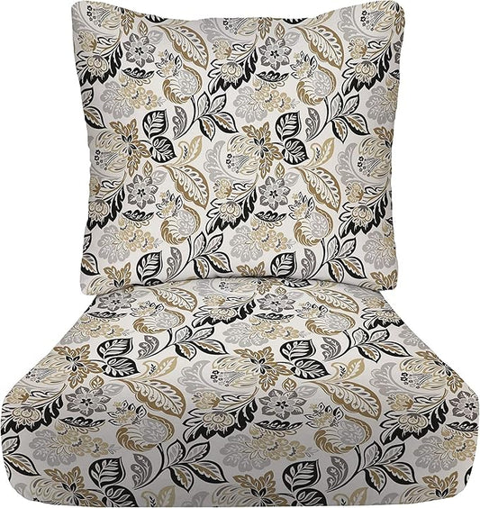 RSH DECOR Deep Seating Cushion with Pillow Back | 25” x 25.5” Seat | Water and Fade-Resistant Spun Fabric | Outdoor Chair Cushion Set for Patio Furniture | Bailey Pewter Black Floral