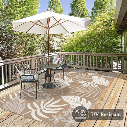 Pauwer Waterproof Outdoor Rug 6x9, Reversible Plastic Straw Patio Camping Rug, Indoor Outdoor RV Mat Carpet for Deck, Camper, Porch, Balcony, Backyard, Picnic, Floral Brown
