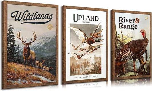3Pcs Wild Animal Canvas Wall Art Nature Wilderness Deer Wild Duckturkey Posters Prints Hunting Outdoorsy Cabin Wall Decor Pictures Gift for Hunter Dad for Living Room Bedroom Decoration Unframed