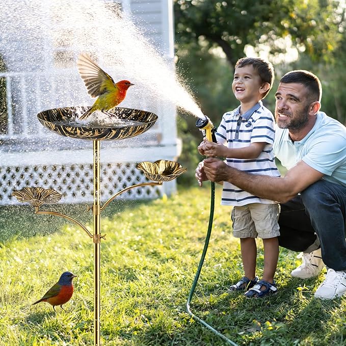 HUFAND Triple Bowl Bird Bath for Outside, 3-in-1 Bird Bath & Feeder with 4-Claw Ground Stake, 51in Height, 11.8in Large Top Bowl, Outdoor Birdbath for Garden Patio Yard Decor, Black Gold