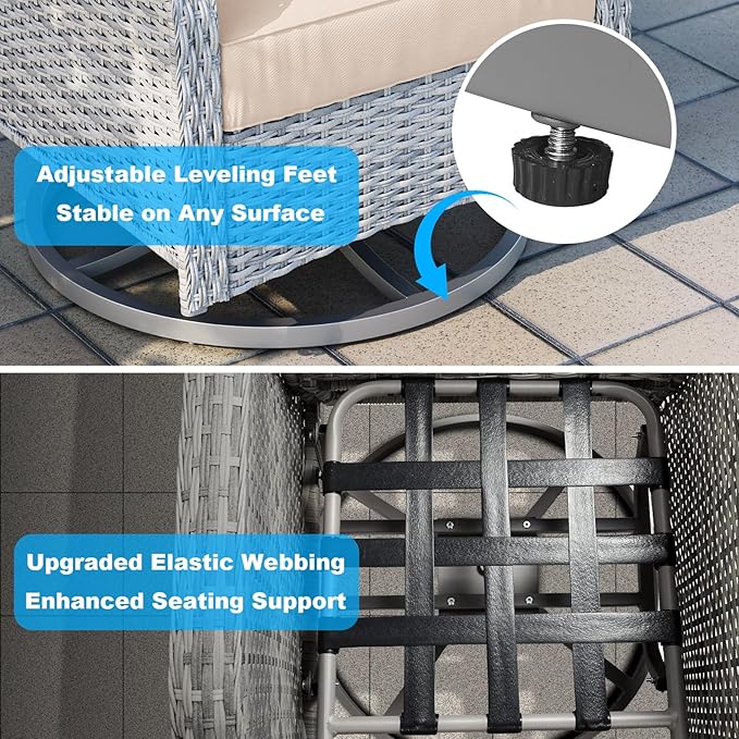 5-Piece Small Patio Furniture Set, Outdoor Swivel Rocking Chairs Set with Ottomans, Patio Bistro Set for Balcony, Deck, Porch, Khaki