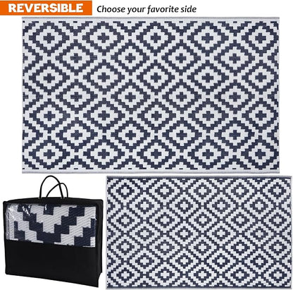 SAND MINE Reversible Mats, Plastic Straw Rug, Modern Area Rug, Large Floor Mat and Rug for Outdoors, RV, Patio, Backyard, Deck, Picnic, Beach, Trailer, Camping, Dark Blue & White, 5' x 8'