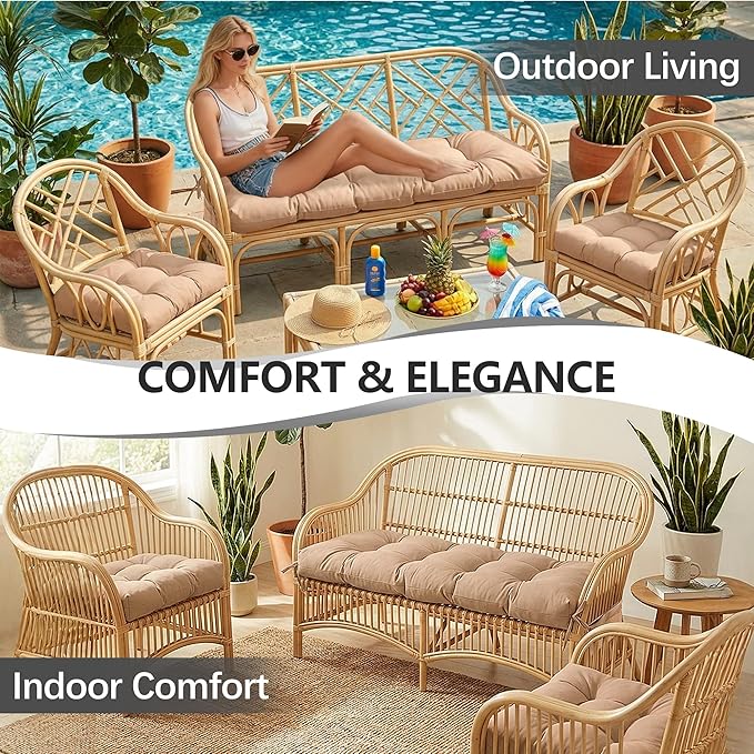 3 Pcs Wicker Chair Cushions Patio Loveseat Chaise Cushion Set - 1200D 47x19*4 Inch Waterproof Wicker Bench Cushions with 2 19x19x4 Inch Chair Cushions for Garden Porch Wicker Patio Furniture(Khaki)