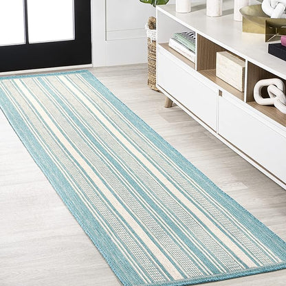 JONATHAN Y Double Stripe Indoor Outdoor Runner Rug 2X8 Aqua/Beige, Haynes Modern for Backyard, Patio, Porch, Easy-Cleaning, High Traffic, Pet-Friendly, Non-Shedding (SMB202A-28)