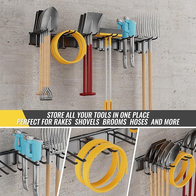 BJONKZ Garage Tool Rack Wall Mount – 48 inches Heavy-Duty Garden Tool Holder with 6 Adjustable Hanging Hooks – Garage Wall Storage Organizer for Shovel, Rake – Max Load 540 lbs (48 inch)