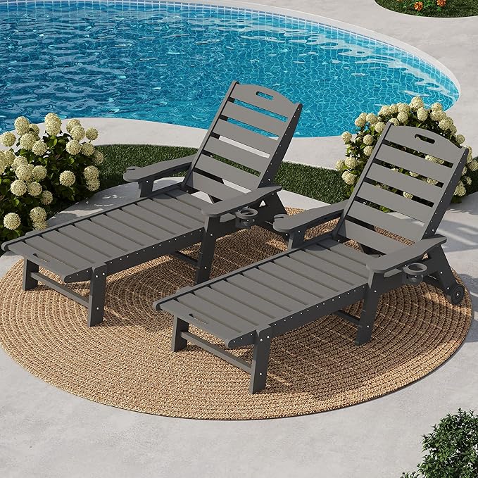 PeakPursuit HDPE Chaise Lounge Outdoor with Rolling Wheels, Oversize 5-Position Patio Lounge Chair with Cup Holder, Resin Pool Lounger Chair
