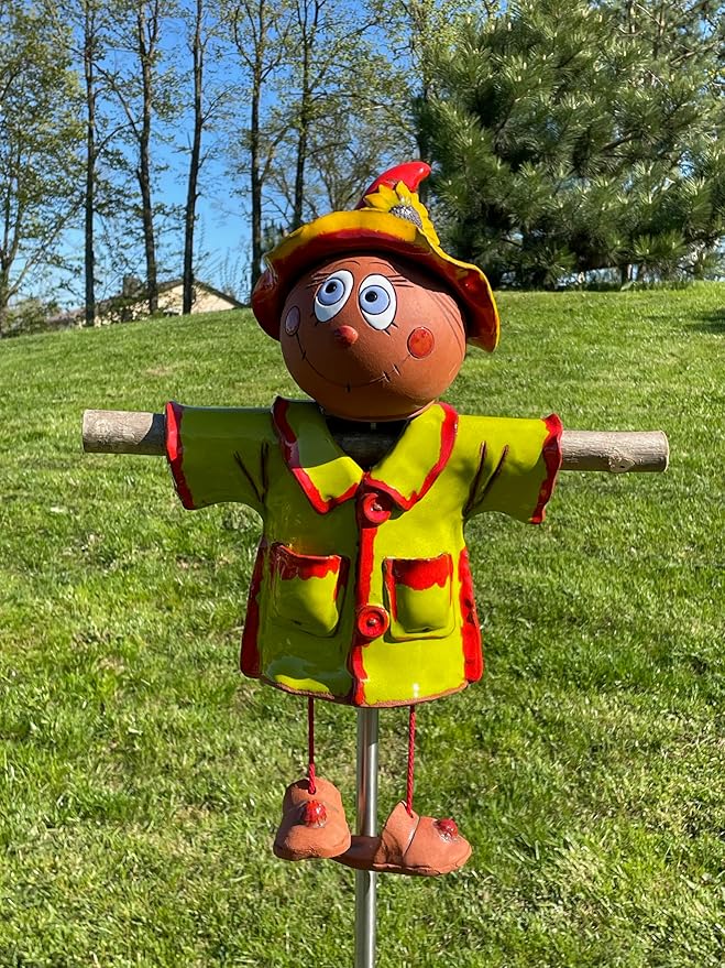 Ceramic Garden Decor - Scarecrow Lawn stake - Outdoor statue - Perfect, unique gifts for gardeners woman, men, yard gifts - Handmade, Frostproof
